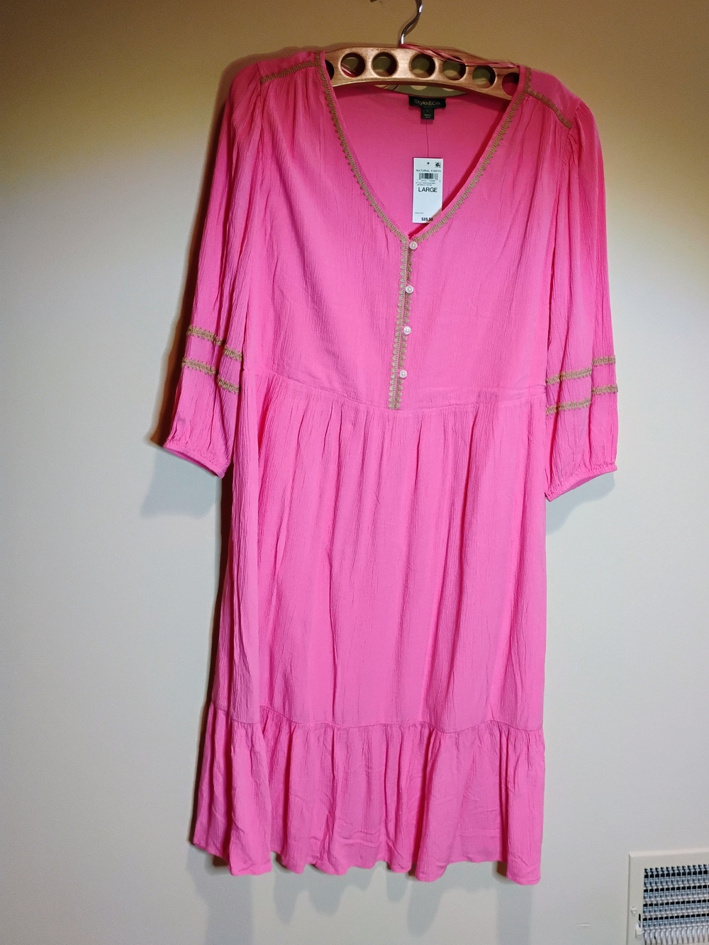 Style & Co Pink V-Neck Tiered Midi Dress with Trim Sz L